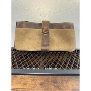 Vintage Womens Rolfs Suede Leather Clutch Wallet Tan Brown Snap Strap Large Zip